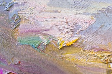 Soyut sanat geçmişi. Çok renkli parlak bir doku. Çağdaş sanat. Tuval üzerine yağlı boya boya. Sanat eserinin bir parçası. Yağlı boya lekeleri. Fırça darbeleri. Modern sanat.