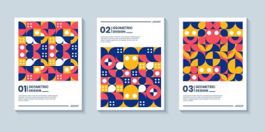 Üç soyut retro tarzı seti geometrik şekilli arka planları kapsıyor. Renkli geometri arka planı, Kapak, Poster, Kart Tasarımı için uygulanabilir