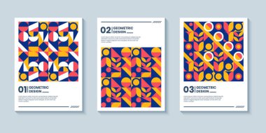 Üç soyut retro tarzı seti geometrik şekilli arka planları kapsıyor. Renkli geometri arka planı, Kapak, Poster, Kart Tasarımı için uygulanabilir