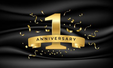 Mutlu yıldönümleri. Altın kurdeleli 1 numara ve siyah kumaş desenli konfeti. Zarif premium Vektör Festivali illüstrasyonuName.