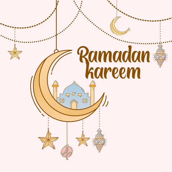 Ramadan Kareem Background Hand Drawn Doodle Islamic Ornament Mosque Lantern — Stock Vector