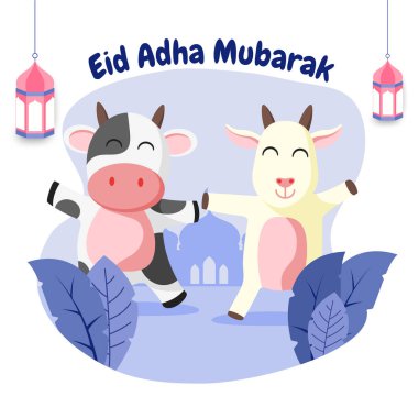 Kurban Bayramı şirin inek ve keçi düz vektör çizimi. İslami bayramın kutlanması inek ve keçinin kurban edilmesi. düz biçim illüstrasyonu