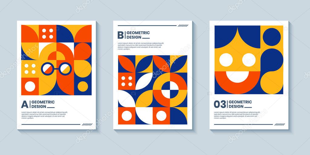 Retro poster with abstract geometric composition. Vector illustration of geometric shape for cover, annual report, poster