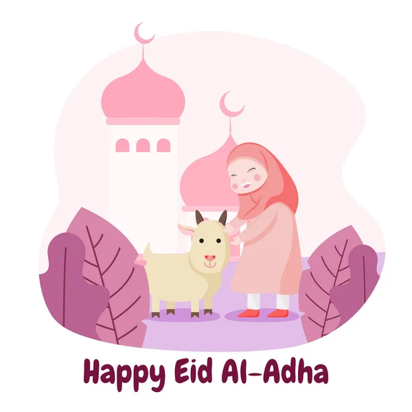 Muslimisches Mädchen Freut Sich Eid Adha Mubarak Willkommen Heißen Vektorflache — Stockvektor
