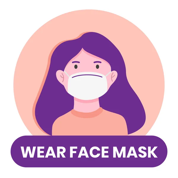 フェイスマスク情報のサインを着用してください フェイスマスクベクトルイラストを身に着けているフラットスタイルの女性 — ストックベクタ