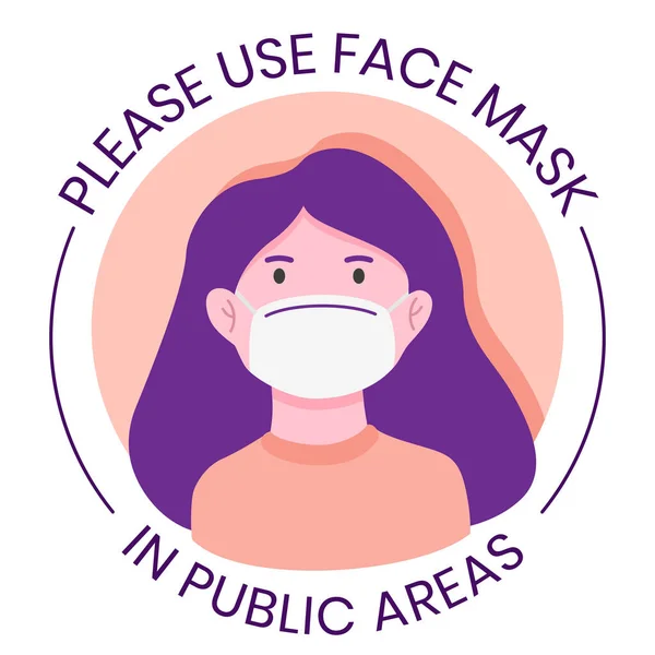 フェイスマスク情報のサインを着用してください フェイスマスクベクトルイラストを身に着けているフラットスタイルの女性 — ストックベクタ