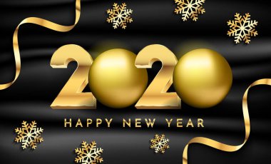 Altın rengi kar taneleri, kurdele ve siyah saten desenli 3D topu olan 2020 numara. Mutlu yıllar.