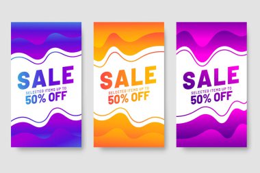 Mega satış afişleri için 3 adet modern sıvı tasarımı seti. Satış afişi şablonu tasarımı, sosyal medya afişi şablonu, kupon, indirim, sezon indirimi