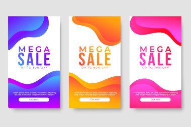 Mega satış afişleri için 3 adet modern sıvı tasarımı seti. Satış afişi şablonu tasarımı, sosyal medya afişi şablonu, kupon, indirim, sezon indirimi