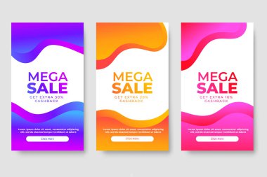 Mega satış afişleri için 3 adet modern sıvı tasarımı seti. Satış afişi şablonu tasarımı, sosyal medya afişi şablonu, kupon, indirim, sezon indirimi