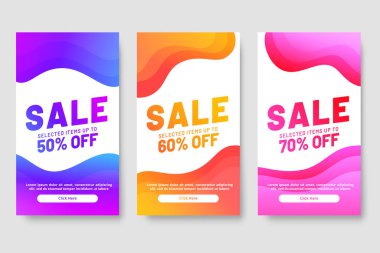 Mega satış afişleri için 3 adet modern sıvı tasarımı seti. Satış afişi şablonu tasarımı, sosyal medya afişi şablonu, kupon, indirim, sezon indirimi