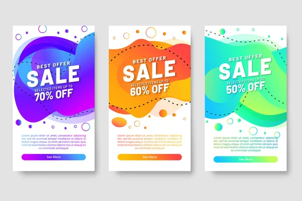 Conjunto Tres Venta Banner Plantilla Diseño Con Forma Fluida Palabra — Vector de stock