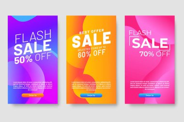 Mega satış afişleri için üç adet modern sıvı tasarımı seti. Satış afişi şablonu tasarımı, sosyal medya afişi şablonu, kupon, indirim, sezon indirimi