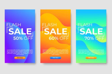 Mega satış afişleri için üç adet modern sıvı tasarımı seti. Satış afişi şablonu tasarımı, sosyal medya afişi şablonu, kupon, indirim, sezon indirimi