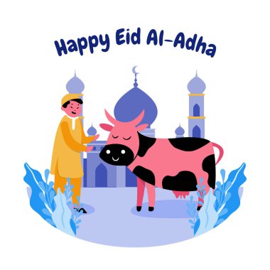Mutlu çocuk caminin önünde inekle oynuyor. İslami tasarım tasarım konsepti Mutlu bayramlar ya da insanların karakterleriyle yapılan kutlama etkinliği.