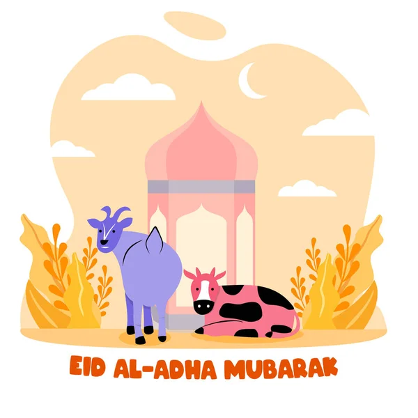 앞에서 기뻐하는 암소와 이슬람의 디자인 일러스트 Happy Eid Adha 캐릭터와 — 스톡 벡터