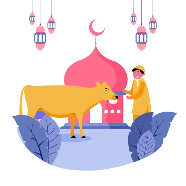 해피보이는 모스크 앞에서 이슬람의 디자인 일러스트 Happy Eid Adha 사람들과 — 스톡 벡터