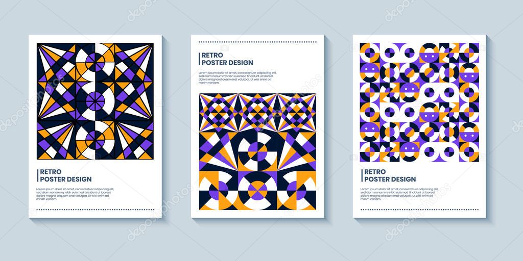 Set of three abstract retro style covers backgrounds with geometric shape. Colorful geometry backgrounds, applicable for Cover, Poster, Card Design