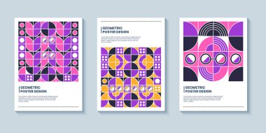 Geometrik şekilli üç modern soyut poster tasarımı koleksiyonu. Marka kimliği, albüm, poster için Brutal geometrik yerleşim arkaplanı