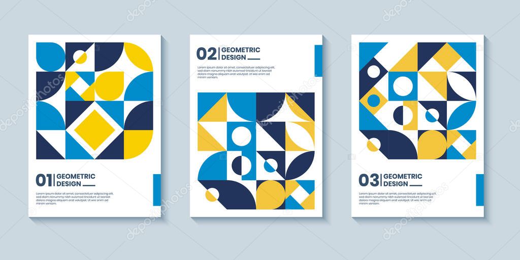 Modern abstract bauhaus colorful covers set, minimal geometric swiss pattern background. Basic shape composition for poster, cover, card