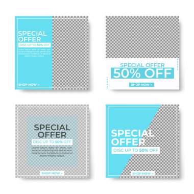 Görüntünüz için boş alanı olan dört adet mavi kare pankart tasarımı. Sosyal medya tanıtımı, indirimi, satışı için satış afişi şablonu