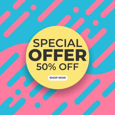 Pembe ve mavi memphis tarzı arka planda indirimli pankart, promosyon amaçlı pankart tasarımı, sosyal medya pazarlama kiti