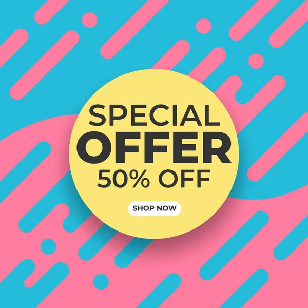 Pembe ve mavi memphis tarzı arka planda indirimli pankart, promosyon amaçlı pankart tasarımı, sosyal medya pazarlama kiti