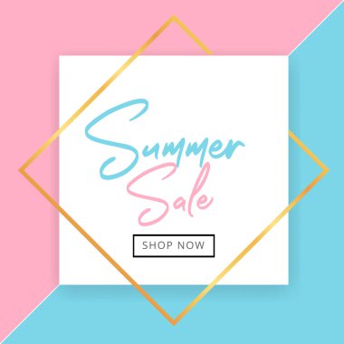 Pembe ve mavi pastel arka planda altın çerçeveli pazar pankartı, promosyon ve sosyal medya pazarlama kiti için minimalist tasarım