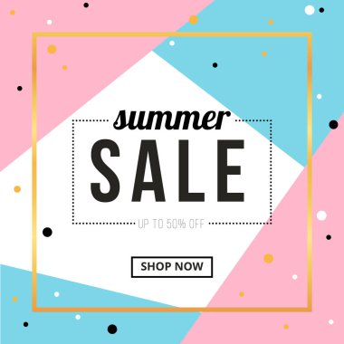 Altın kare çerçeveli yaz indirimi afiş tasarımı. Sosyal medya afişi şablonu, kupon, indirim, sezon indirimi