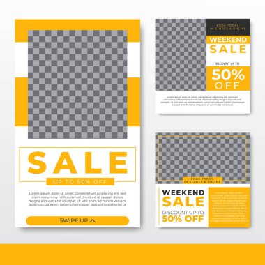 Minimalist sosyal medya seti, imajınız için boş alanlı tasarım tasarımı içeren öyküler yayınlıyor. Sosyal medya tanıtımı, indirimi, satışı için satış afişi şablonu