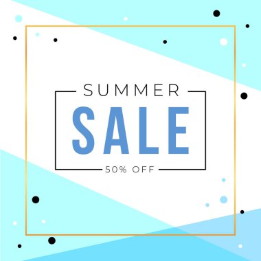 Altın kare çerçeveli ve yaz indirimli afiş tasarımı. Sosyal medya afişi şablonu, kupon, indirim, sezon indirimi