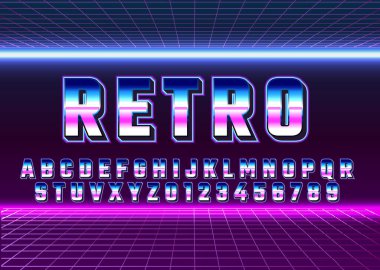 Retro Futuristik 80 'lerin yazı tipi. Oyun başlığı için krom efekt şablonlu vektör alfabesi, poster başlığı, eski biçim