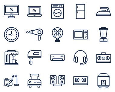 Ana hatlar biçiminde Home Electronic vektör illüstrasyonunun bir kümesi. Logo, web, iniş sayfası, çıkartmalar ve arkaplan simgeleri