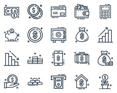Taslak biçiminde Finansal ikon vektör illüstrasyonu. logo, web, iniş sayfası, çıkartmalar ve arkaplan için para ya da servet simgesi seti