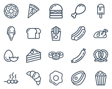 Taslak biçiminde izole edilmiş yiyecek ikonu vektör çizimi. Logo, web, iniş sayfası, çıkartmalar ve arkaplan için restoran simgesi seti