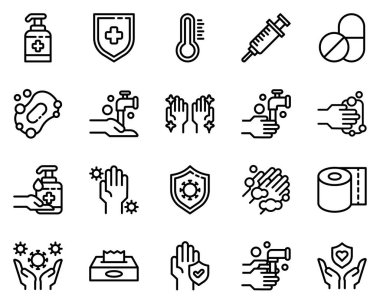 Ana hatlar biçiminde Hijyen ikonu vektör çizimi. Logo, web, iniş sayfası, çıkartmalar ve arkaplan için sağlık ikonu seti