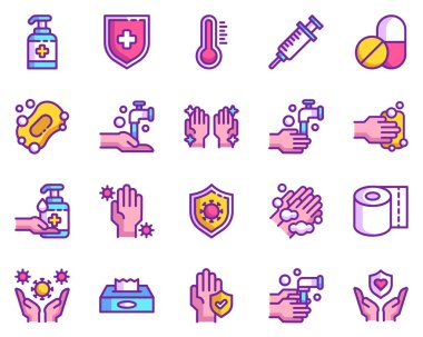 Hijyen ikonu vektör illüstrasyonu seti. Logo, web, iniş sayfası, çıkartmalar ve arkaplan için sağlık ikonu seti