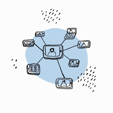 Çeşitli mobil cihazlar kullanarak video konferansı. Online rota. Uzaktan eğitim. Takım çalışması devrede. Vektör illüstrasyonu.