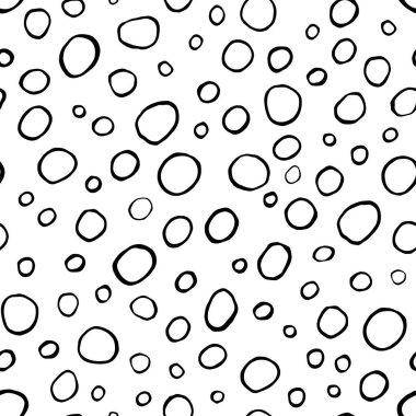 Beyaz üzerine siyah daireler çizilmiş el çizimi bir arka plan. Elle çizilmiş, pürüzsüz desen. Vektör izole illüstrasyonu.