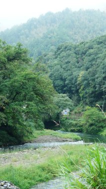 Dağlar ve vadi manzarası. Yazın nehrin aktığı yer.