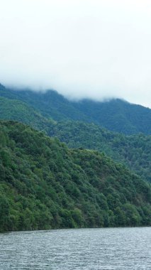 Dağlar ve vadi manzarası. Yazın nehrin aktığı yer.