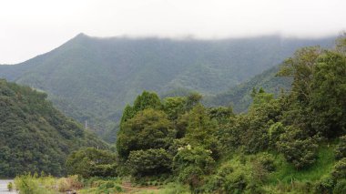 Dağlar ve vadi manzarası. Yazın nehrin aktığı yer.