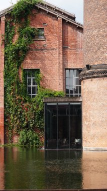 Çin 'de kırmızı tuğlalı ve sarmaşıklı eski Çin fabrikası manzarası.