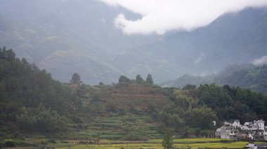 Güzel dağların manzarası, üzerlerinde sis var.