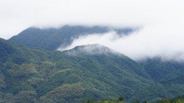 Güzel dağların manzarası, üzerlerinde sis var.
