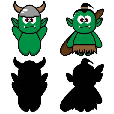 Siluet set koleksiyonu olan şirin bir ork. vektör karikatür çizimi tasarımı. beyaz arkaplanda izole.