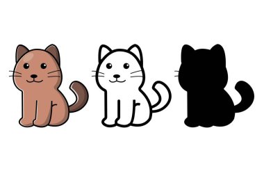 Siluet koleksiyonu olan sevimli bir kedi. Vektör karikatür çizimi. Beyaz arkaplanda izole.