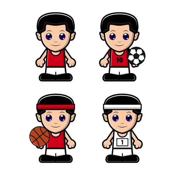 Bonito Menino Coleção Conjunto Personagens Esportivos Desenho Desenho Animado Vetorial — Vetor de Stock