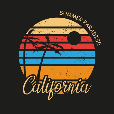 Sörf için Kaliforniya plaj cenneti tasviri. Siyah arkaplanda izole.