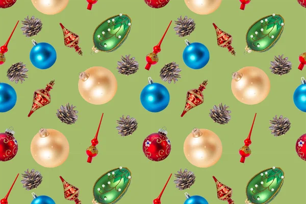 Vánoční Bezešvé Vzor Vánoční Hračky Zeleném Pozadí — Stock fotografie